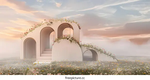 Arch Structure Surrounded by Flowers at Sunset