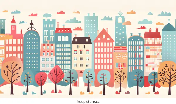 Colorful Cityscape Illustration with Buildings and Trees