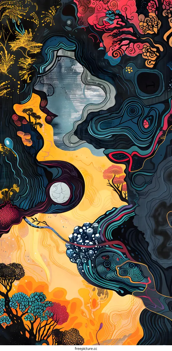 Abstract Landscape Painting with Trees and Swirls