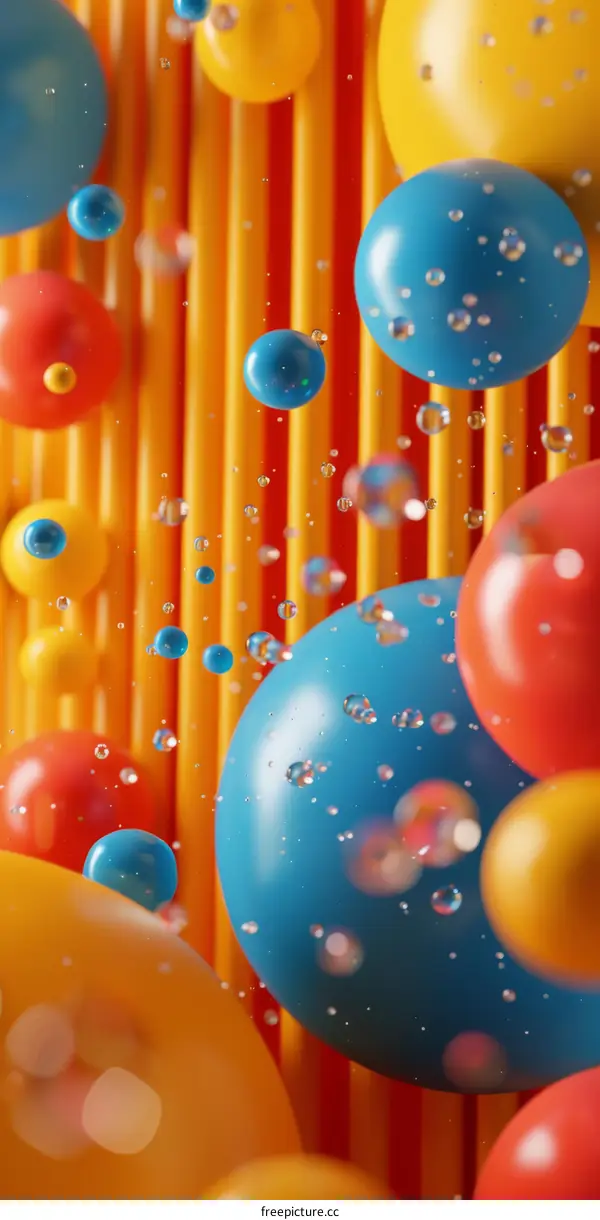 Colorful 3D spheres with water droplets on a yellow striped background