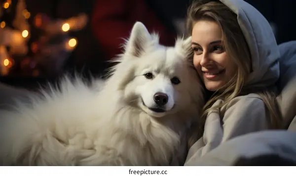 Smiling woman in grey hoodie posing with white dog