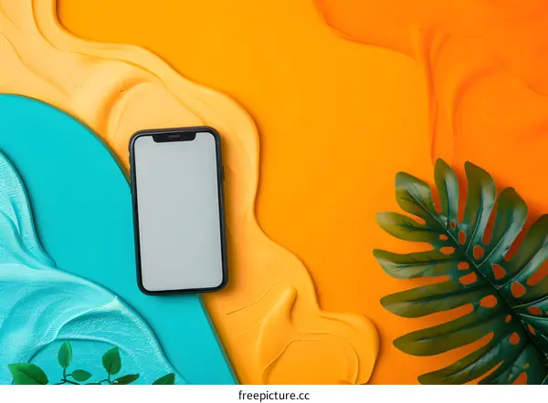 Summer Phone Mockup with Tropical Leaves on Yellow and Blue Background