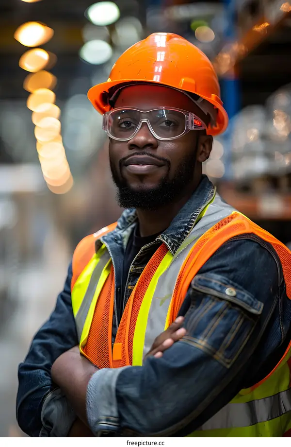 Portrait of a smiling African American male worker wearing hard hat and safety glasses in a warehouse