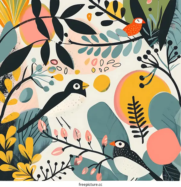 Abstract Birds And Floral Illustration