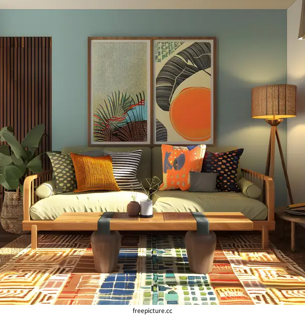 Modern Living Room Interior Design with Abstract Artwork and Colorful Cushions