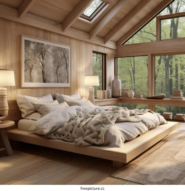 Modern wooden house interior design with large windows overlooking forest