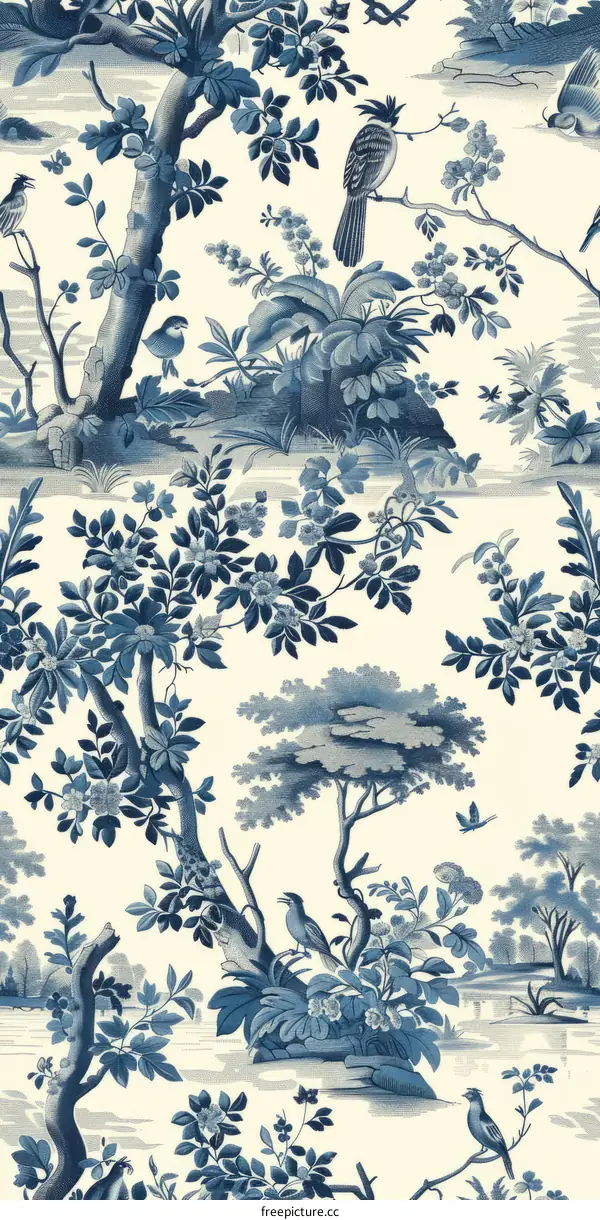 Blue and white chinoiserie pattern with birds and trees