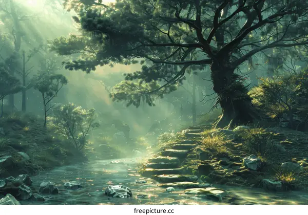 The Glowing River in the Misty Woods