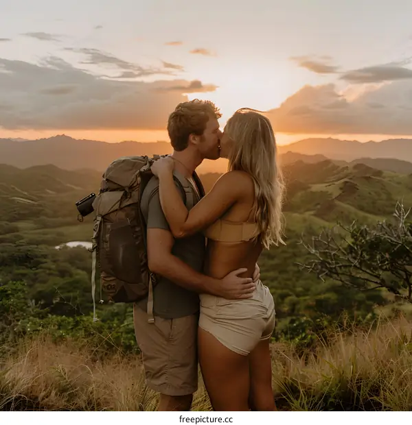 Couple Kissing At Sunset On Mountain Top