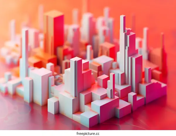 A 3D rendering of a city with pink and white buildings