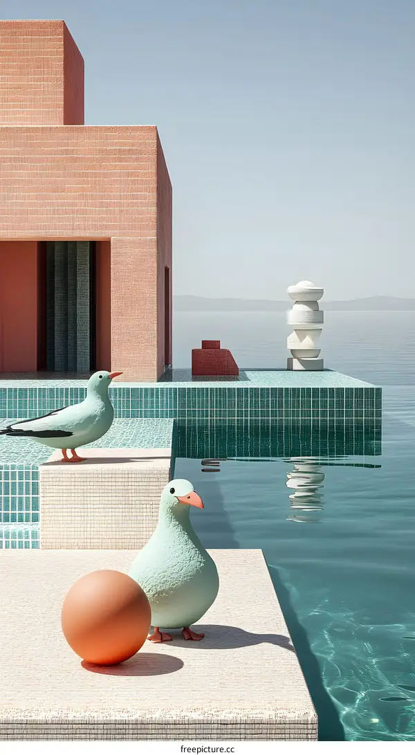 Minimalist Geometric Architecture with Birds and a Pool