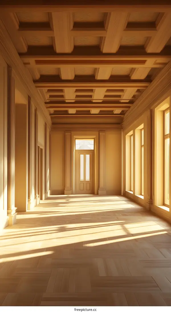 Empty Hallway With Wooden Ceiling and Sunbeams