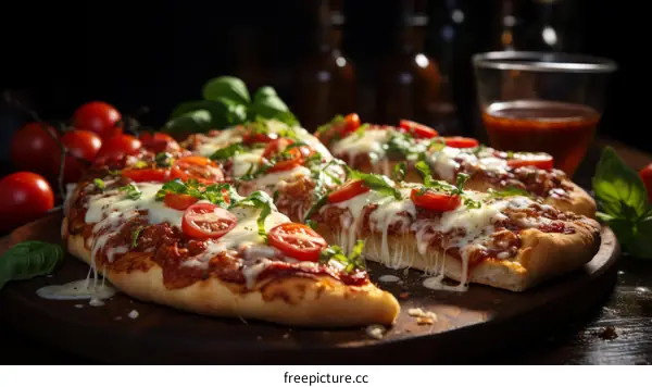 A delicious pizza with melted cheese, cherry tomatoes and basil.