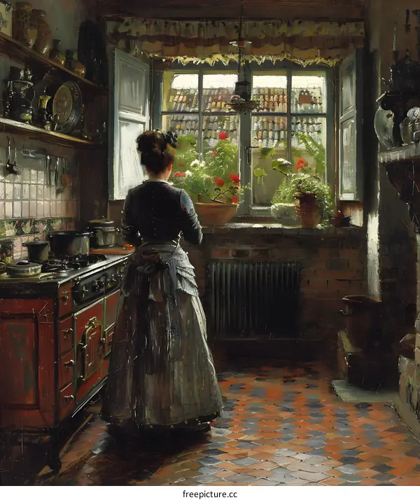 A woman is cooking in the kitchen