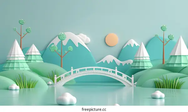 Cartoon illustration of a winter landscape with a bridge over a river and snow-capped mountains in the background