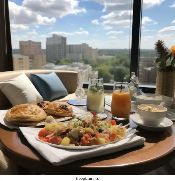 A delicious breakfast with a view of the city