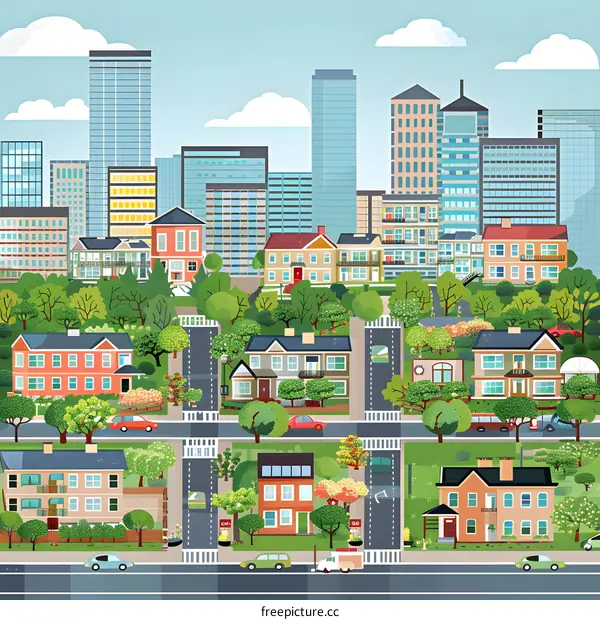 Cartoon Cityscape Illustration With Buildings And Trees