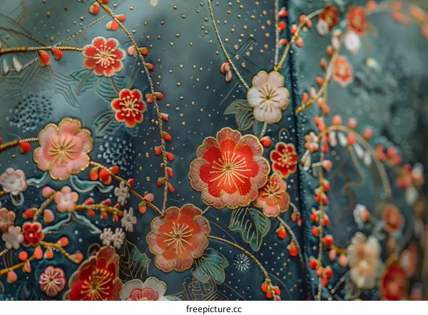 A close-up of a red and pink floral pattern embroidered on a blue background.