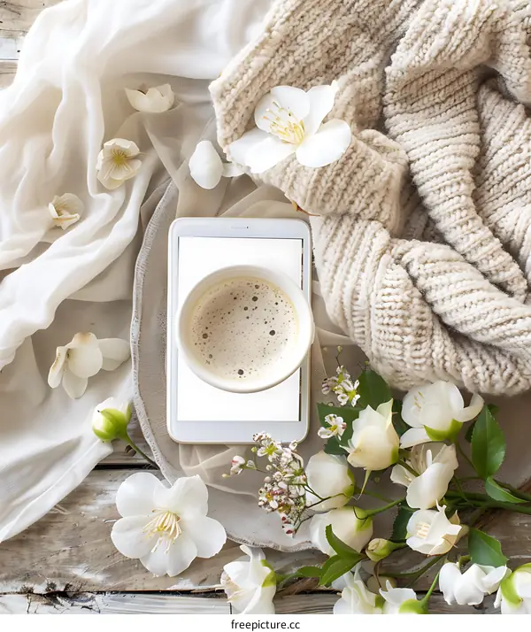 Cup of Coffee with Flowers on Wooden Table