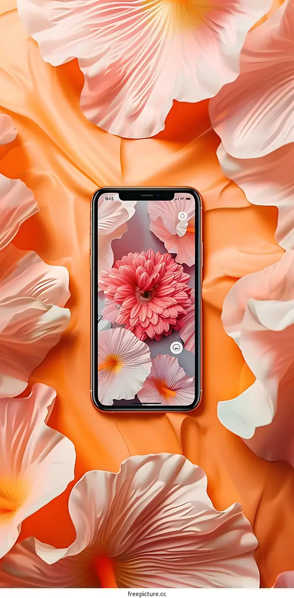 Orange Background with Phone and Flowers