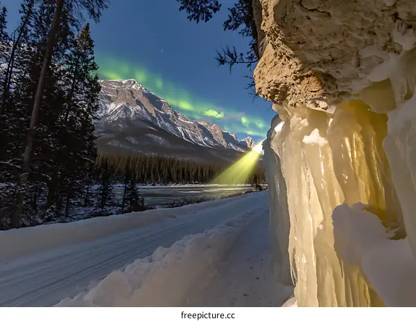 Winter Landscape with Aurora Borealis and Icicles