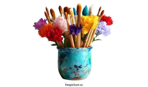 [Transparent Background PNG]Colorful Paintbrushes and Flowers in a Vase