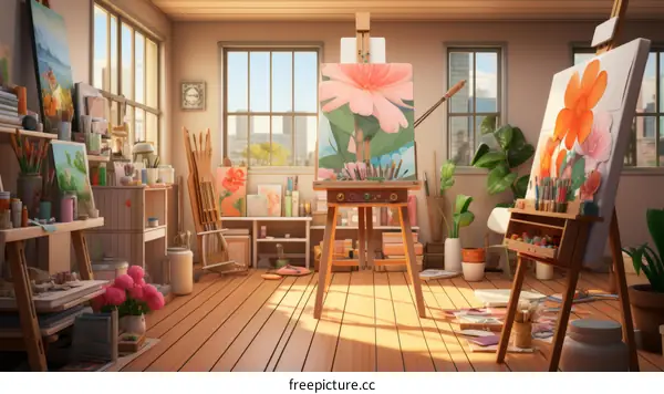 A painter's studio with a large painting of a flower in progress