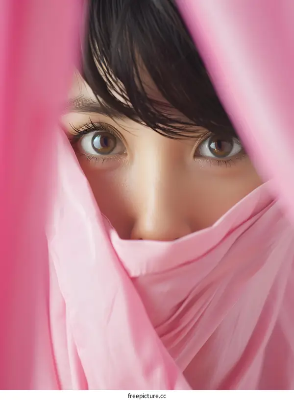 Woman with Pink Fabric Covering Face and Eyes
