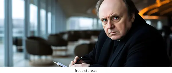 Caucasian Man Writing in a Notepad in a Modern Office