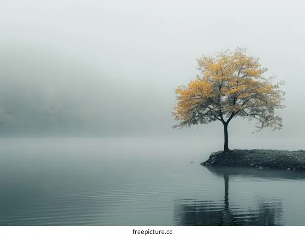 A lonely tree stands on the edge of a lake on a foggy day