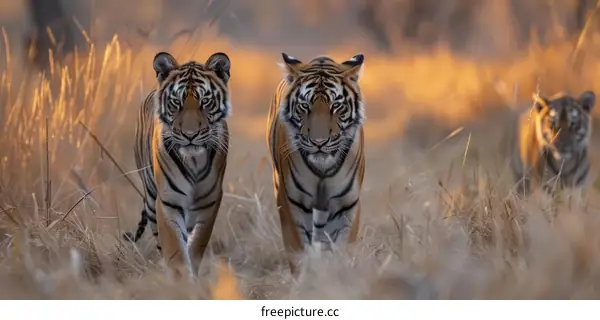 Three Majestic Tigers Stride through the Jungle's Embrace