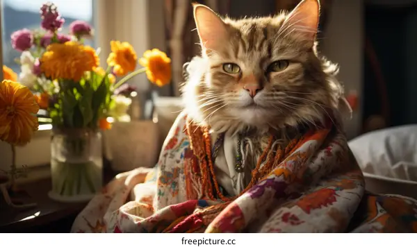 A ginger cat wrapped in a colorful blanket sits in front of a vase of flowers