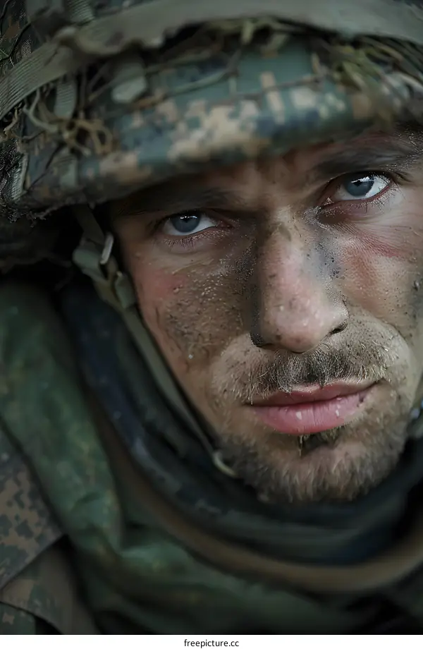 Portrait of a male soldier with camouflage on his face