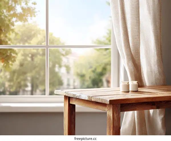 Wooden Table by Window with Light Linen Curtains