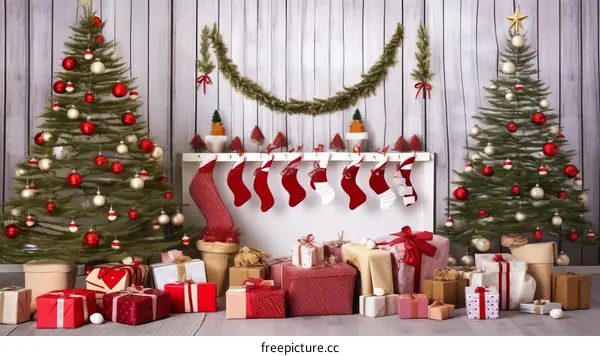 Christmas tree with red and gold ornaments and presents