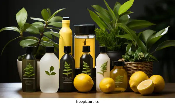 Natural beauty products with lemon and green leaves