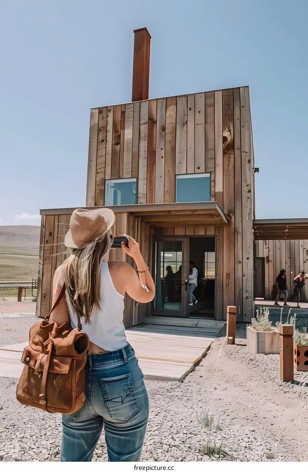 Woman Taking a Photo of a Modern Wooden House
