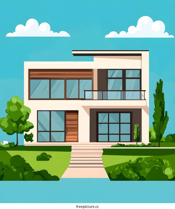 Modern House Illustration With Green Grass and Blue Sky