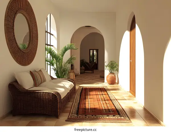 Modern Moroccan Interior Design With Wicker Furniture and Palm Tree