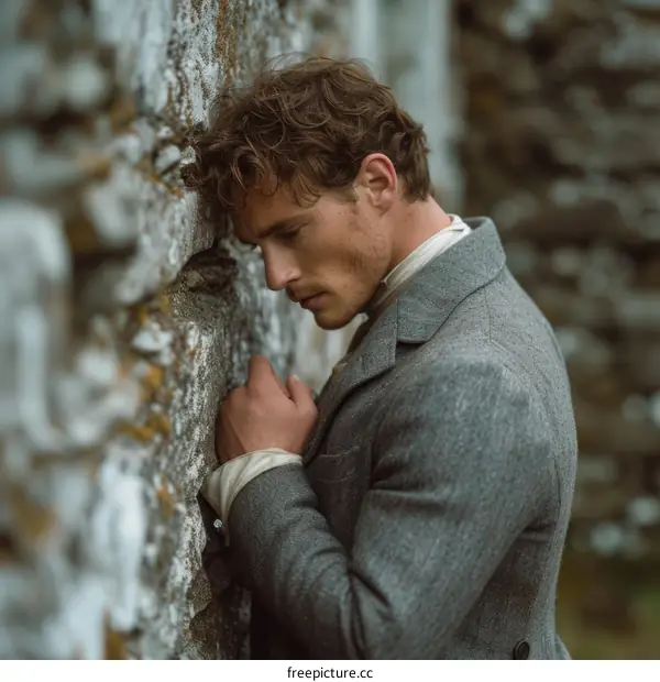 A man in a gray coat stands with his head against a stone wall