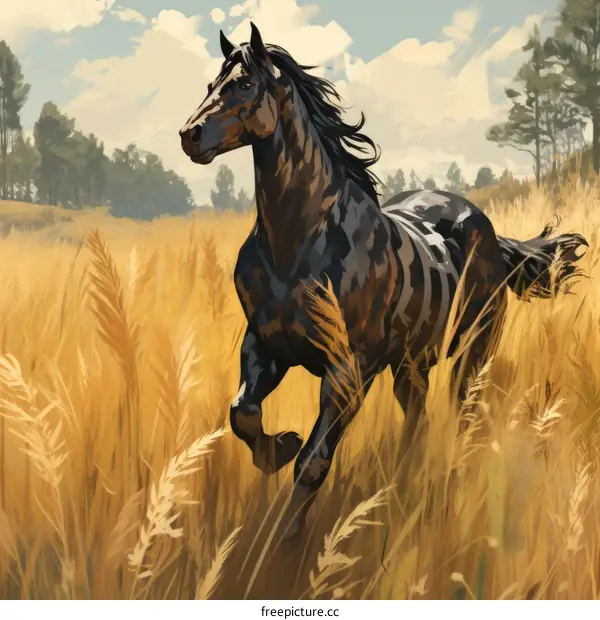 A dark brown horse is galloping in the golden wheat field