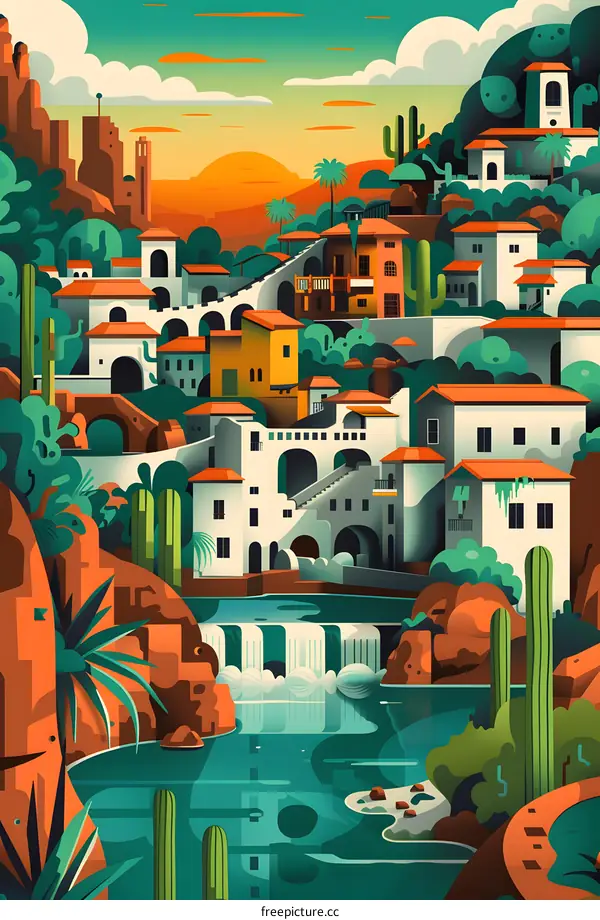 Colorful Illustration of Desert Oasis with Waterfall