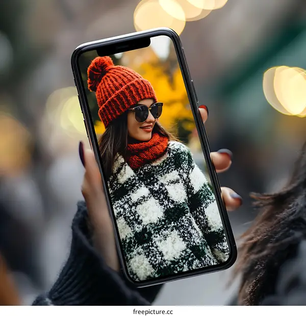 Woman in Black and White Plaid Sweater Holding Smartphone