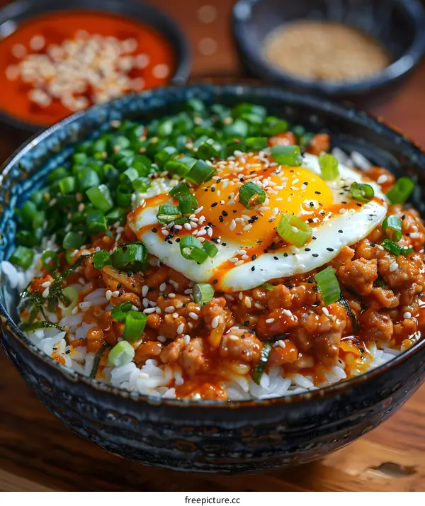 Spicy Pork Rice Bowl Topped with a Fried Egg
