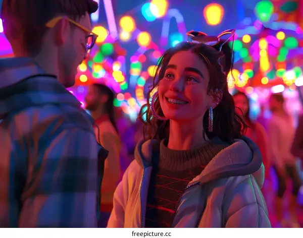 A young couple is smiling and talking at a carnival at night