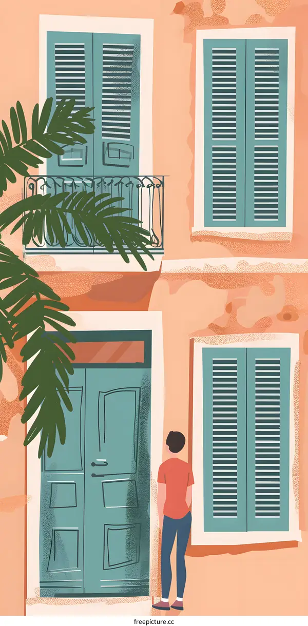 Man Looking at Doorway of a Building With Shutters