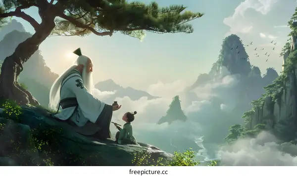 An old man and a child are sitting on a cliff talking