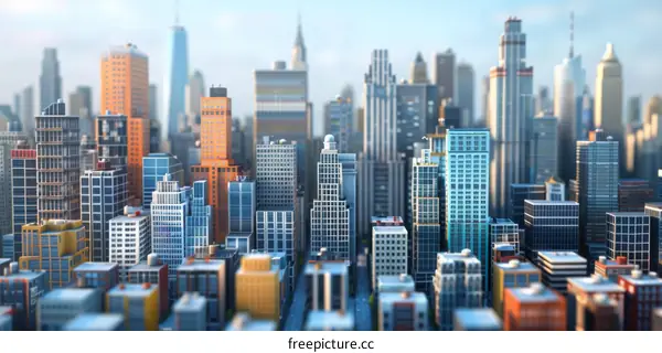 A miniature city model with various buildings and skyscrapers