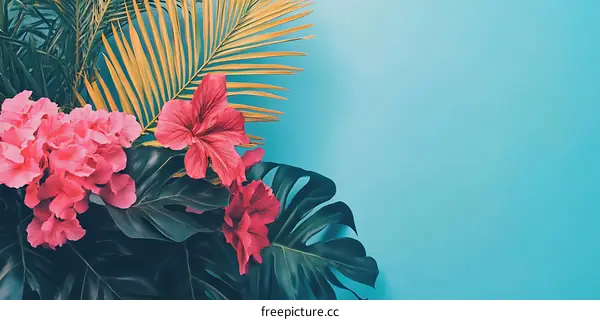 Tropical Leaves and Pink Flowers on Blue Background