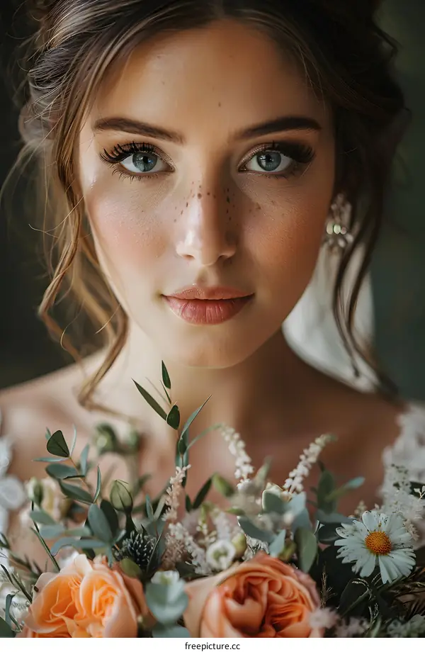 Portrait of a beautiful young woman with freckles on her face